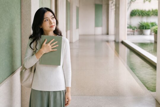 Thoughtful reader holding a book in a serene modern corridor