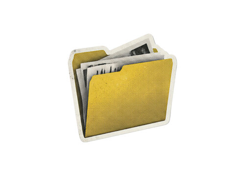 Yellow folder icon with distressed texture and halftone dots, holding several documents