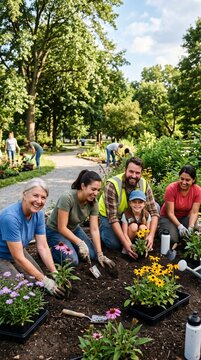 Diverse group of people of different ages planting flowers together in a sunny park garden