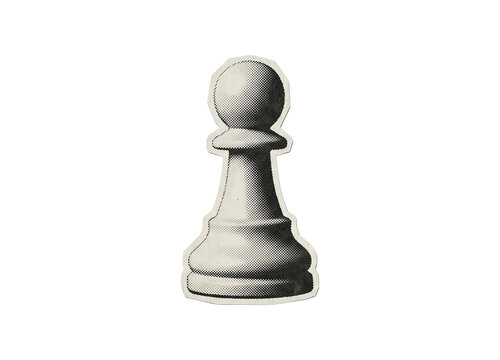 Black and white halftone chess pawn in a cutout paper style isolated on a transparent background