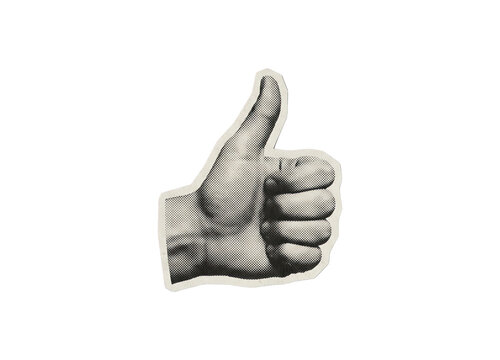 Hand making a thumbs up gesture with a halftone dot texture and paper-cut style on a transparent background