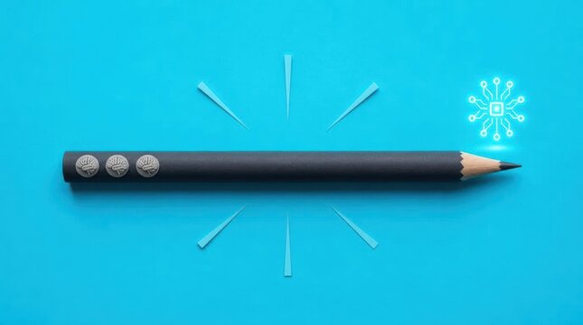 Long Black Pencil on Bright Blue Background with Spark Burst