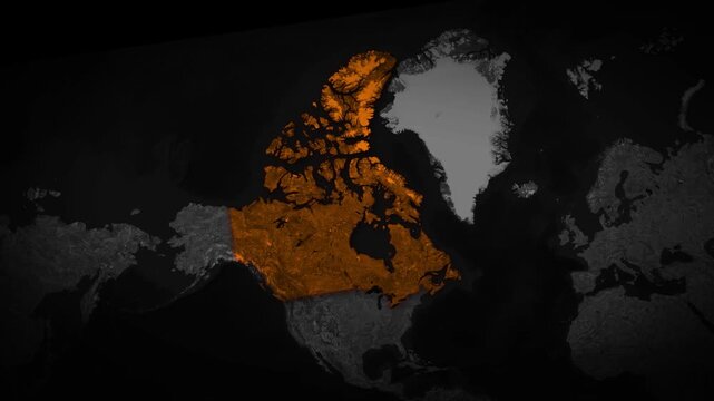 Canada Highlighted on Dark Relief Map of North America