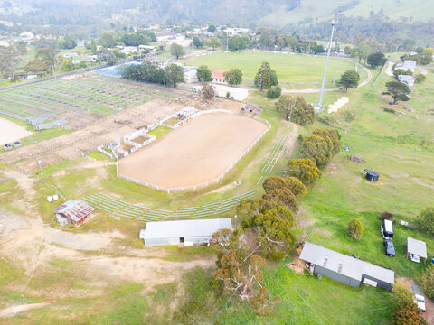 Aerial view of Omeo rodeo ground in rural Victoria Australia