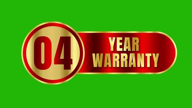 Shiny metallic golden 04 year warranty stamp graphic design with red glossy banner template on green screen background 4k video
