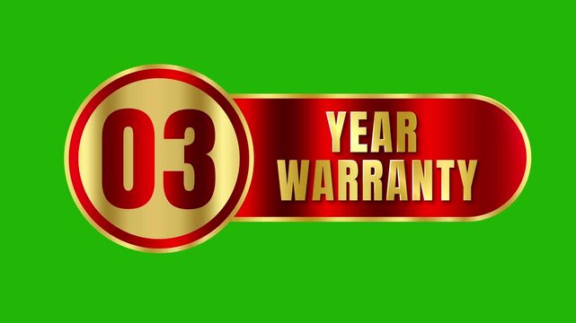Golden 03 year warranty badge motion graphic element with shiny red metallic banner isolated on green screen keying background 4k video
