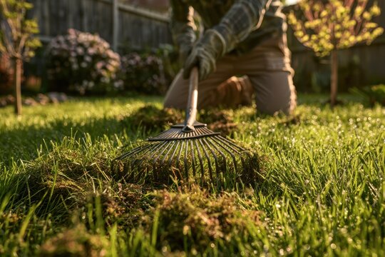 Spring lawn dethatching with a rake in a sunlit backyard garden