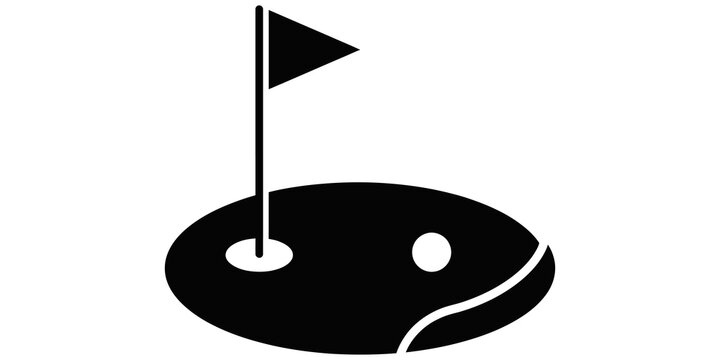 Golf hole flag icon with black putting green for sports design layout.