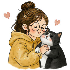 Cute girl wearing glasses and yellow jacket cuddling black cat watercolor illustration isolated on white background