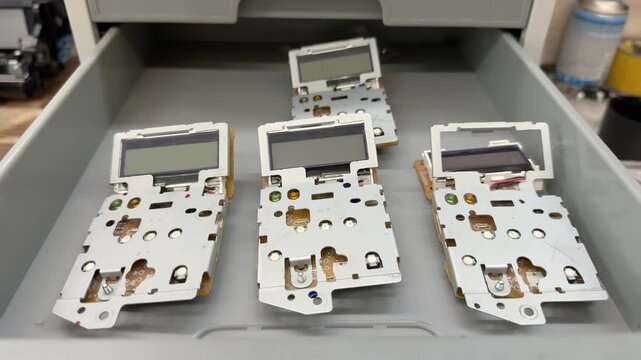 Four printer control panel assemblies with LCD screens lie in an open gray drawer. Device repair, spare parts, display replacement, service storage