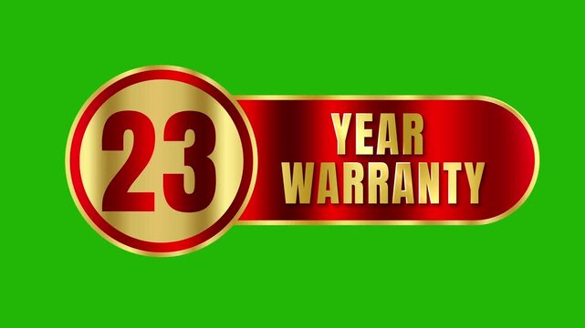Luxury golden 23 year warranty emblem motion graphic featuring glossy red banner isolated over chroma key green background 4k video