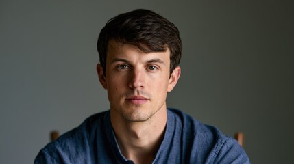 Fototapeta premium Studio portrait of a pensive man with brown hair in a blue shirt, seated, looking at the camera