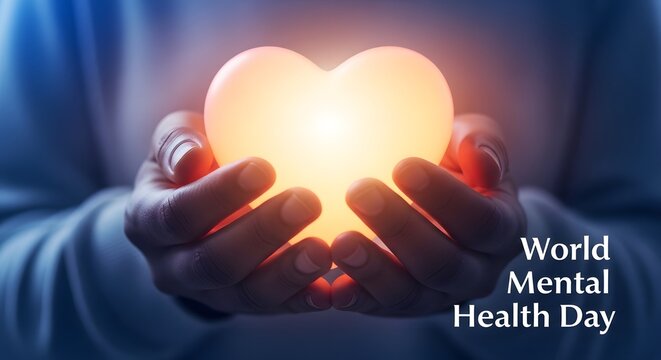 Person holding a glowing heart shape in their hands representing love care and mental health awareness