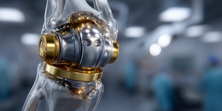 Detailed digital medical illustration of a knee joint replacement with metallic implant and blurred operating room background.