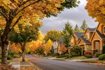 Fototapeta premium Suburban Fall Scene: Cozy Homes Amid Colorful Foliage in Happy Valley