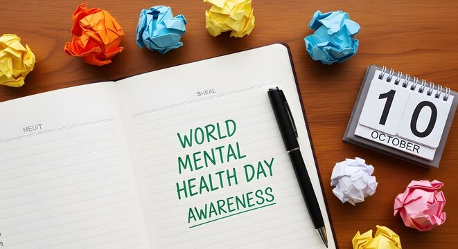 Open notebook with world mental health day written on a page surrounded by colorful crumpled paper balls