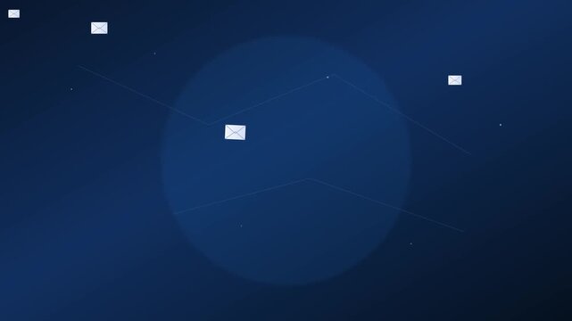 Floating mail icons drifting across dark blue abstract background in this smooth digital motion animation clip
