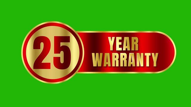 Premium 25 year warranty golden seal motion graphic design with glossy red metallic banner on keyable green background 4k video