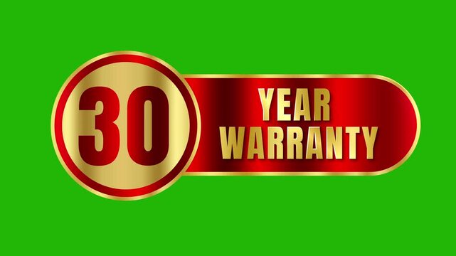 30 year warranty golden circle badge design with lustrous red metallic banner animation on keying green screen overlay 4k video