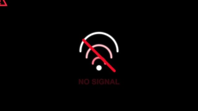 No signal notification displaying red neon icon on digital screen for broadcasting motion video footage animation