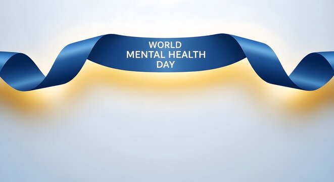 World mental health day banner with a blue ribbon on a light background for awareness campaigns