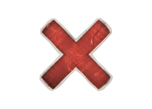 Distressed red X mark with halftone pattern and rough edges, isolated graphic element on transparent background