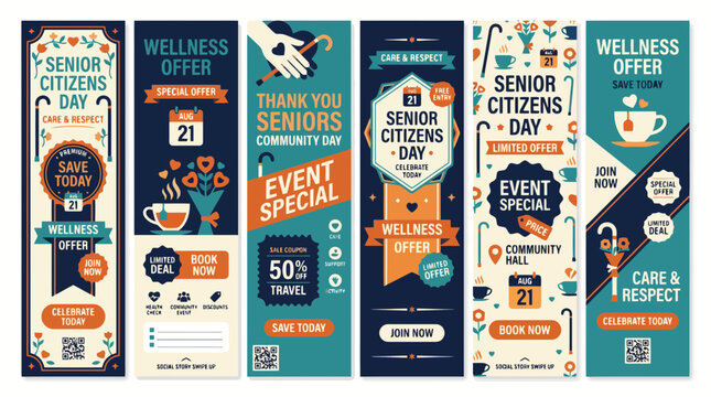 Senior Citizens Day vertical banner set, vintage wellness offer web templates, 6 elder care community event flyers