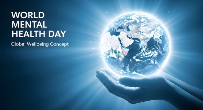 World mental health day concept with a glowing earth globe held in a human hand on blue background