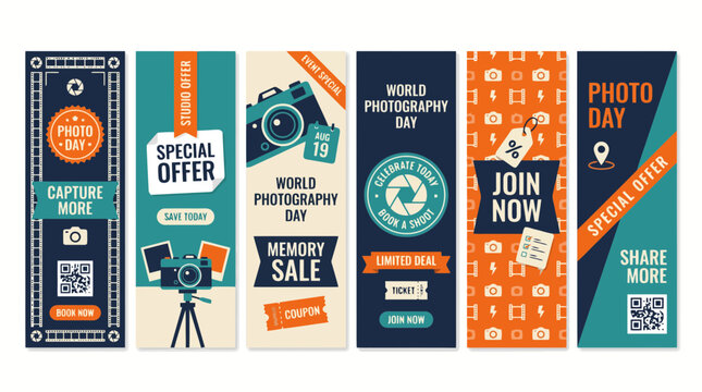 Vintage photography web banners set, World Photography Day marketing templates, retro camera sale vertical ads in orange and teal
