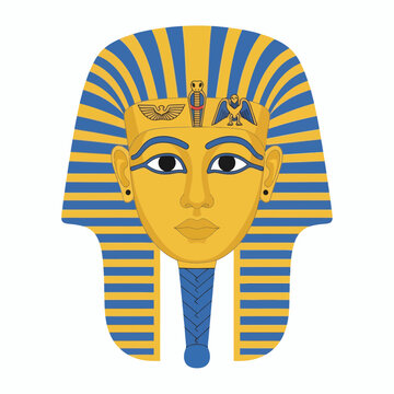 Colorful illustration of ancient Egyptian pharaoh mask with gold and blue.