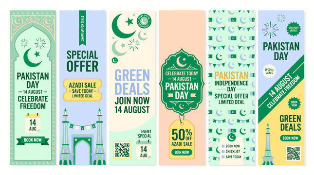 Pakistan Independence Day vertical banner set, 14 August Azadi sale web headers, green and white celebratory marketing templates