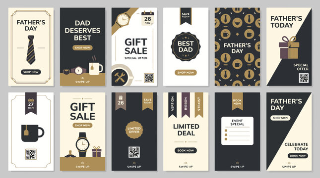 Father's Day social media story templates, set of 12 vertical banners for gift sales and promotions, elegant black and gold marketing layouts