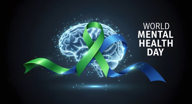 World mental health day concept with a glowing human brain silhouette and a green awareness ribbon