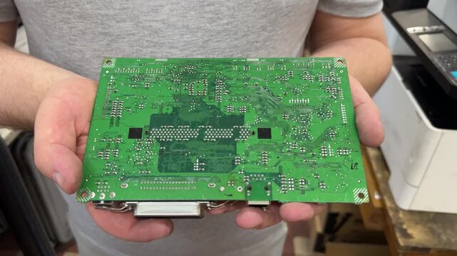 A man in a gray shirt holds a green circuit board with connectors in both hands. Device repair, spare parts, electronics service, PC hardware