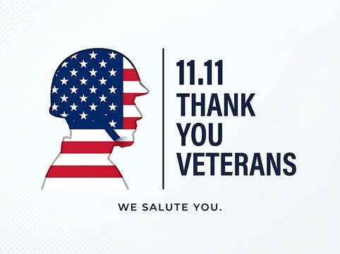 Veterans day graphic featuring a silhouette of a soldier wearing a helmet with the american flag pattern