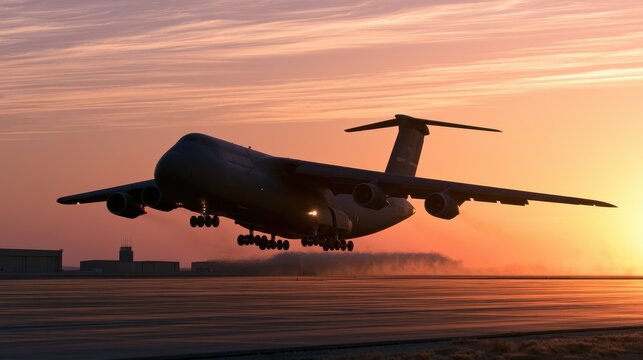 Sunset departure of a four-engine military transport aircraft from a remote airbase