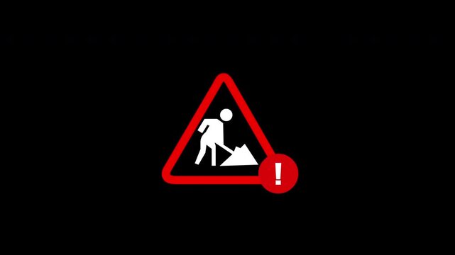 2D Construction Work Warning Sign with Worker and Red Hazard Triangle on Black Background