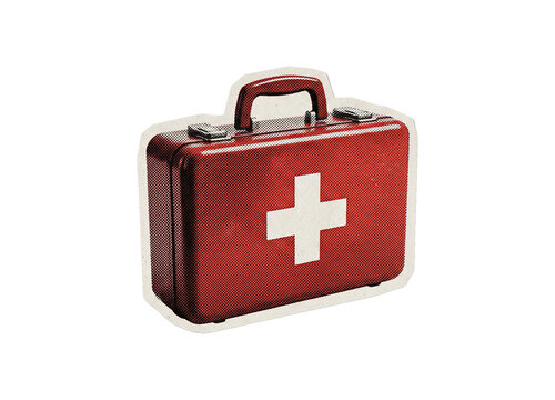 Red first aid kit with a white cross and halftone distressed effect, on a transparent background