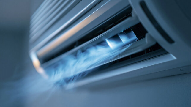 Air conditioner blowing cold mist in a room. Perfect conceptual image for home climate control and energy efficiency.