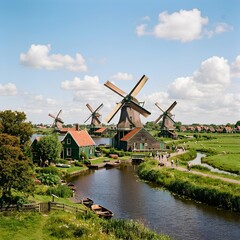 Naklejka premium Traditional Dutch windmills and canal in a picturesque village landscape