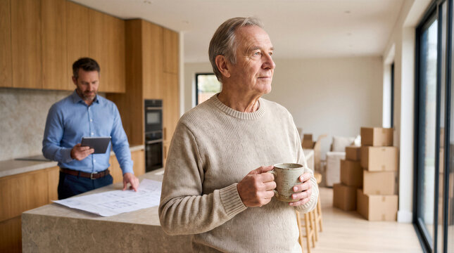 Senior man holding a mug while looking out the window with a professional contractor in the background reviewing house renovation plans