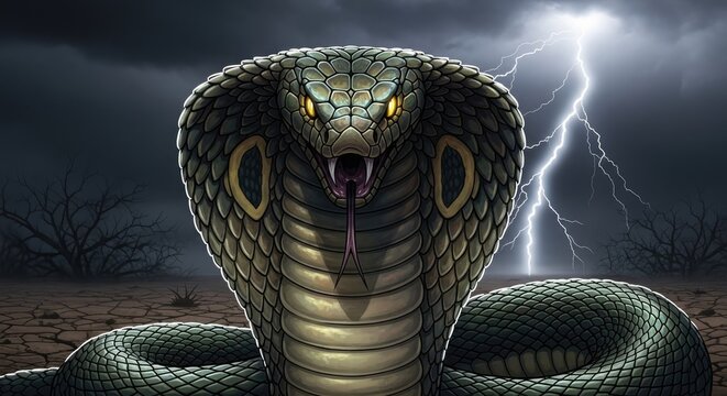 Fierce cobra serpent with open mouth against stormy sky