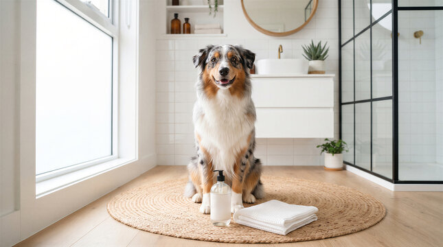 Australian shepherd dog sitting on a round jute rug in a modern bathroom with a bottle of shampoo and a white towel