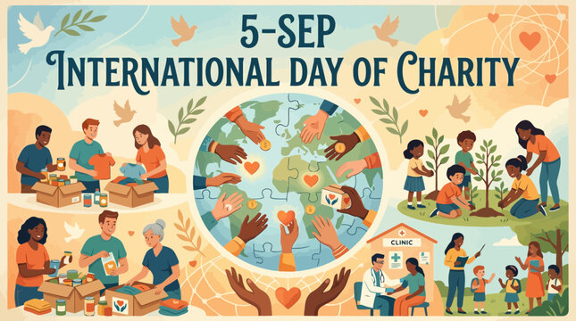 International Day of Charity banner, global humanitarian aid concept with diverse volunteers, 5 September celebration vector
