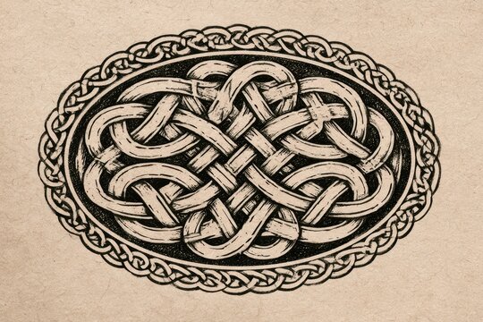 Symmetrical Celtic oval interlace design, ornamental knotwork illustration for heritage motifs