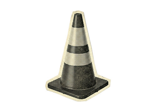 Distressed traffic cone graphic in halftone comic book style with a paper cutout effect