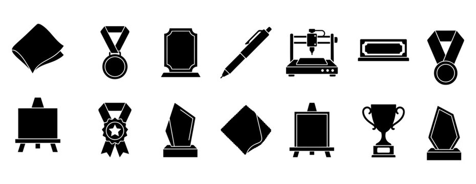 Set of black icons representing various awards trophies medals engraving machines and artistic equipment for professional recognition awards