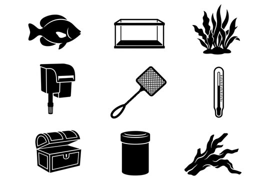 Set of black silhouette icons representing aquarium equipment fish tank accessories and decorative items for underwater pet hobbyists