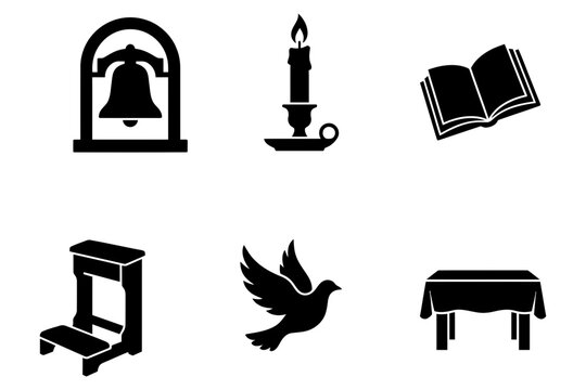 Set of black silhouette icons representing religious symbols including a church bell candle book prayer kneeler dove and table