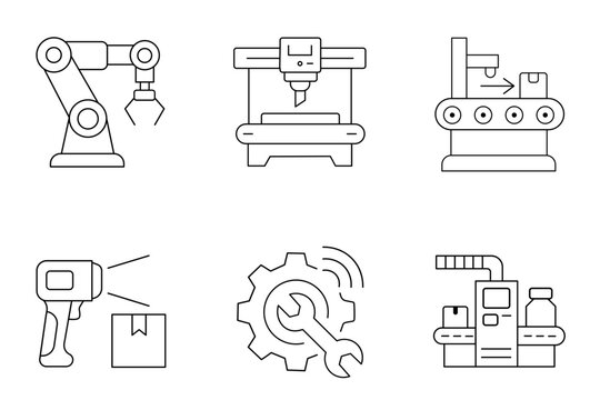 Set of industrial automation and manufacturing technology icons featuring robotic arms conveyor belts and smart factory equipment line art